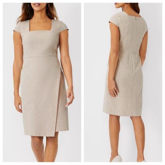 NWT Ann Taylor Linen Blend Square Neck Faux Wrap Sheath Dress - Size 2 Petite - Picture 1 of 8